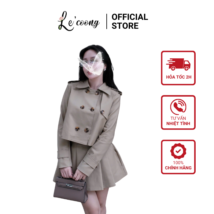 Set Áo Khoác Măng Tô KaKi  Mix 4 Cúc LECOONG B230 Chân Váy Ngắn Xếp Ly Cao Cấp