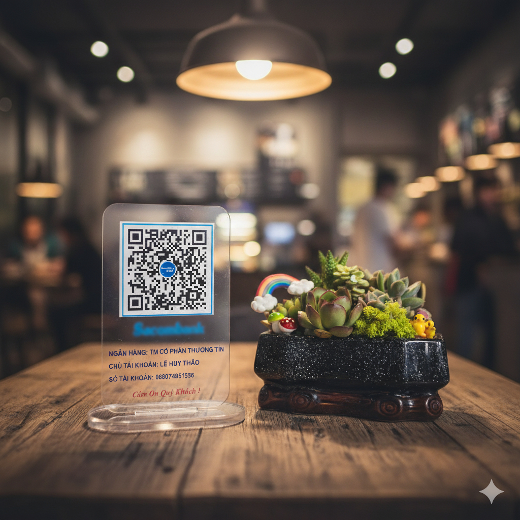 Bảng quét mã QR CODE, QR để bàn bằng mica trong suốt dể quét , QR code bằng mica để bàng in cực nét,