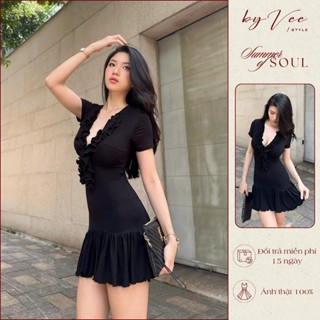  Đầm ôm body đen thun cổ V Byveestyle Váy body cổ phối bèo tôn dáng siêu đỉnh đi chơi đi tiệc đi date 