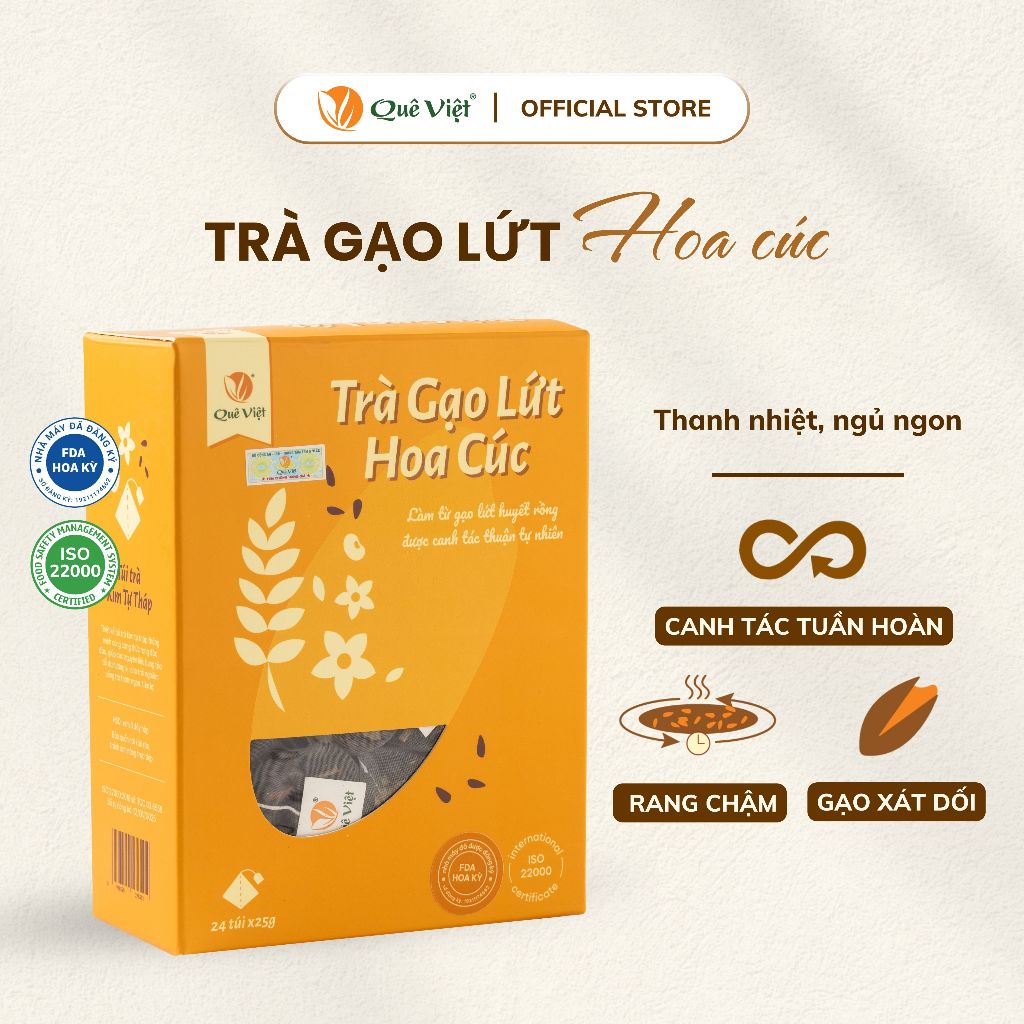 Trà gạo lứt hoa cúc Quê Việt - hộp150g (10 túi 15g),450g (30 túi 15g), 600gr (24 túi 25g)