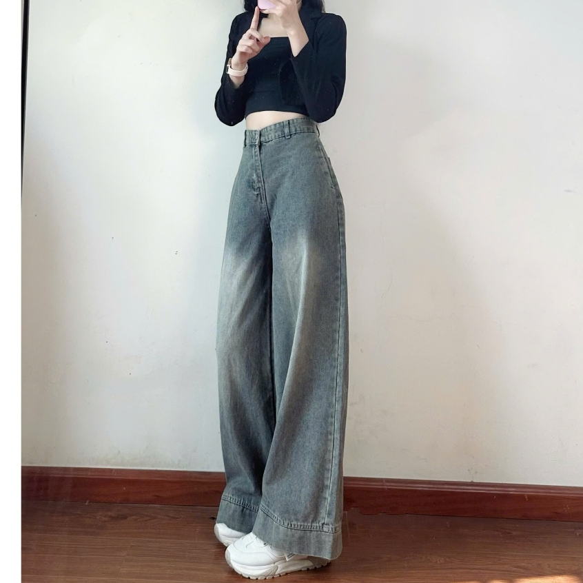 Quần jeans nữ ống suông ống rộng dáng đứng lưng cao tôn dáng màu xanh retro hàng mới về