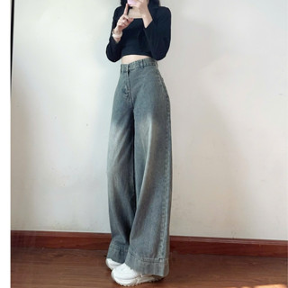 Quần jeans nữ ống suông ống rộng dáng đứng lưng cao tôn dáng màu xanh retro hàng mới về
