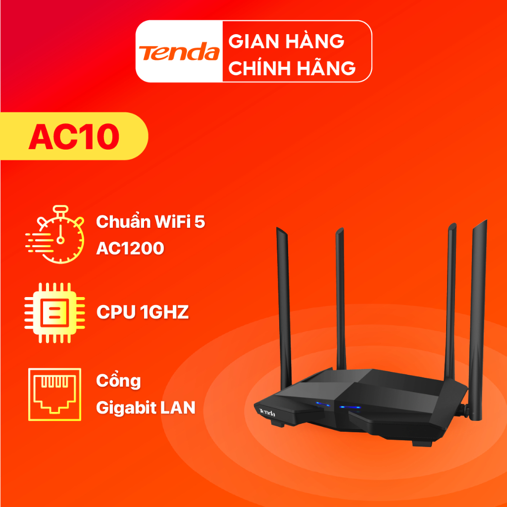 Bộ Phát Wifi Tenda AC10 Gigabit AC1200Mbps Băng Tần Kép Tốc Độ Cao -Hàng Chính Hãng Không hỗ trợ SIM