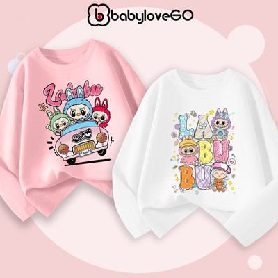 Áo dài tay bé gái BabyloveGO áo thu đông cổ tròn chất thun cotton in hình Labubu cute dễ thương