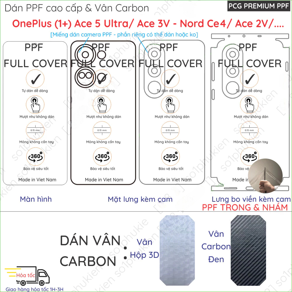 Dán PPF & Skin Carbon OnePlus 1+ Ace 5 Ultra Racing/ 2V 3V/ Nord CE4 CE5 5 màn hình,mặt lưng, full v