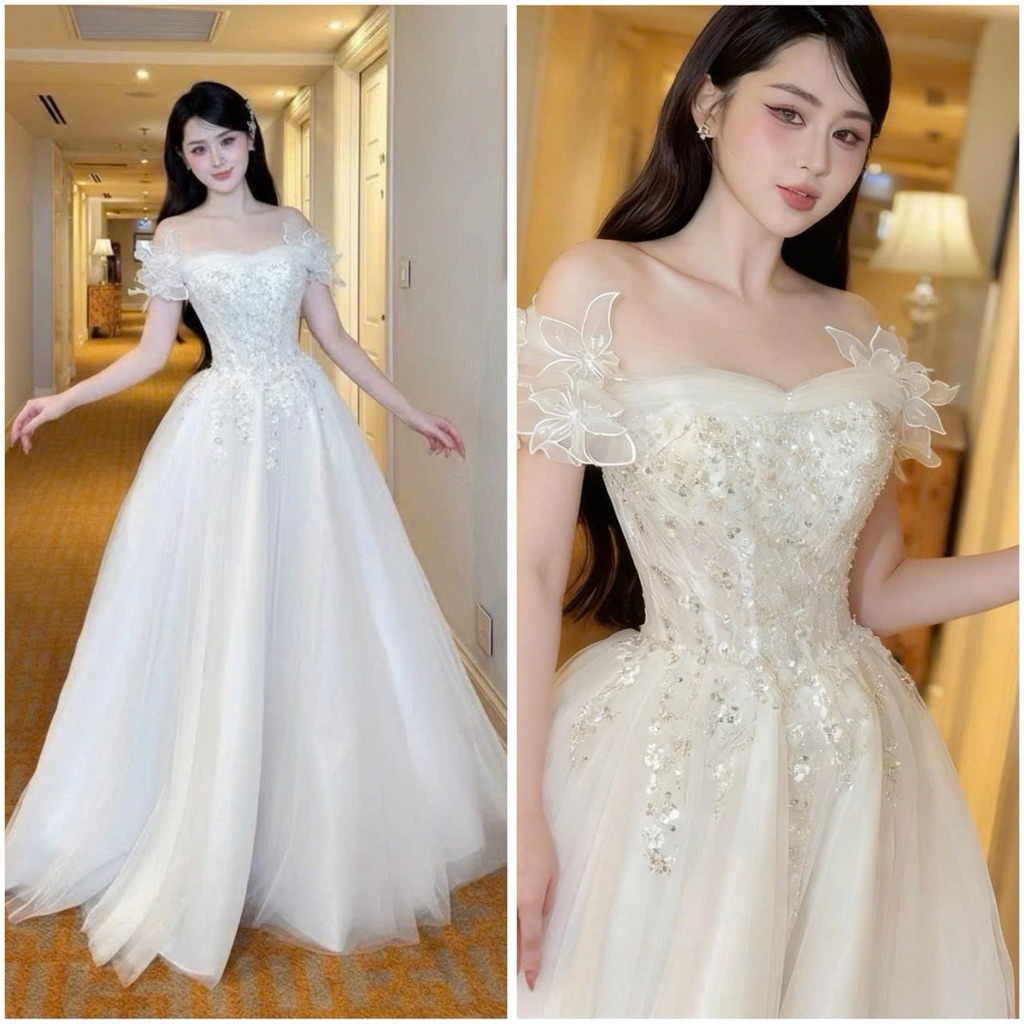 Váy Cưới Trắng Công Chúa Trễ Vai Hoa Nổi Sang Trọng Dự Tiệc Cô Dâu Size SML V100 AĐ Boutique