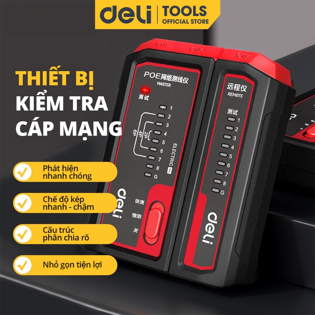 Hộp Test Cáp Mạng Deli Tools Cao Cấp Đa Năng RJ-11 RJ-45 - Kiểm tra cáp mạng 8P/6P/4P/2P Cáp LAN