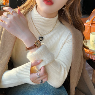  Áo len nữ lót lông mềm mịn Áo len nữ cổ 3 phân dáng ôm giữ nhiệt mùa đông A105 