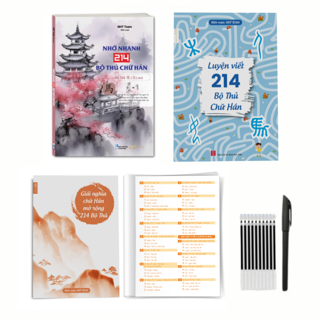 Combo Sách Nhớ Nhanh 214 Bộ Thủ + Sách Luyện Viết 214 Bộ Thủ Hán Tự Mở Rộng, 10 ngòi bay màu 1 bút c