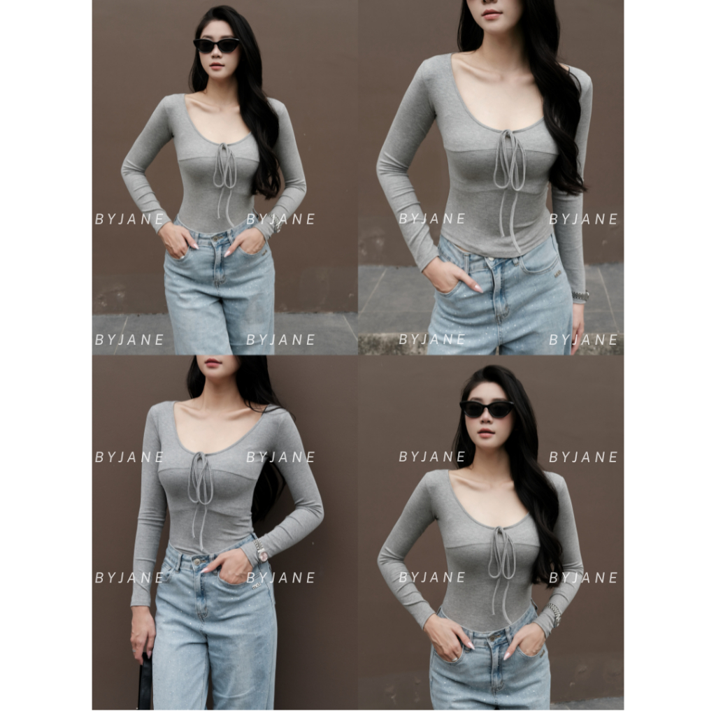 (XẢ KHO) Áo Thun Nữ Cổ V Thắt Nơ Dài Tay Ôm Body Chất Cotton Lông Mịn Co Dãn BYJANE-862 | BigBuy360 - bigbuy360.vn