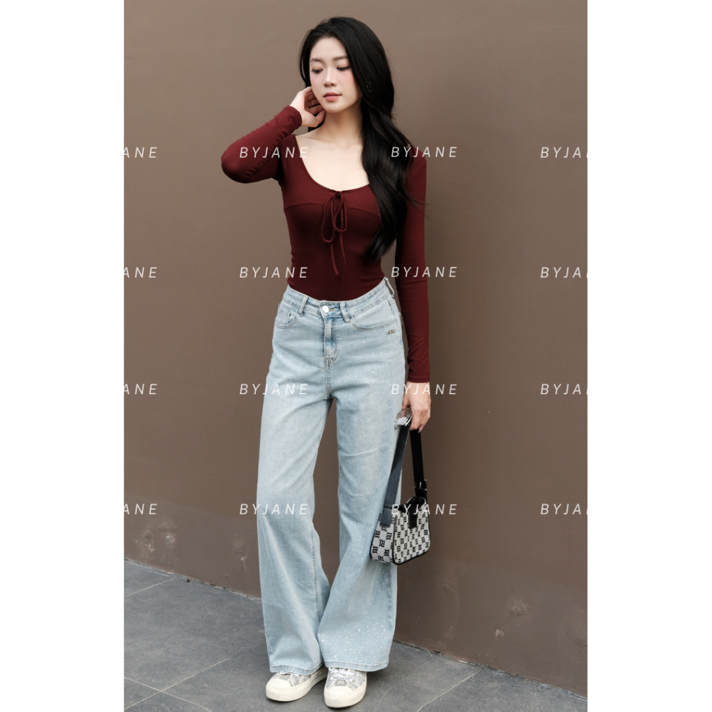(XẢ KHO) Áo Thun Nữ Cổ V Thắt Nơ Dài Tay Ôm Body Chất Cotton Lông Mịn Co Dãn BYJANE-862 | BigBuy360 - bigbuy360.vn