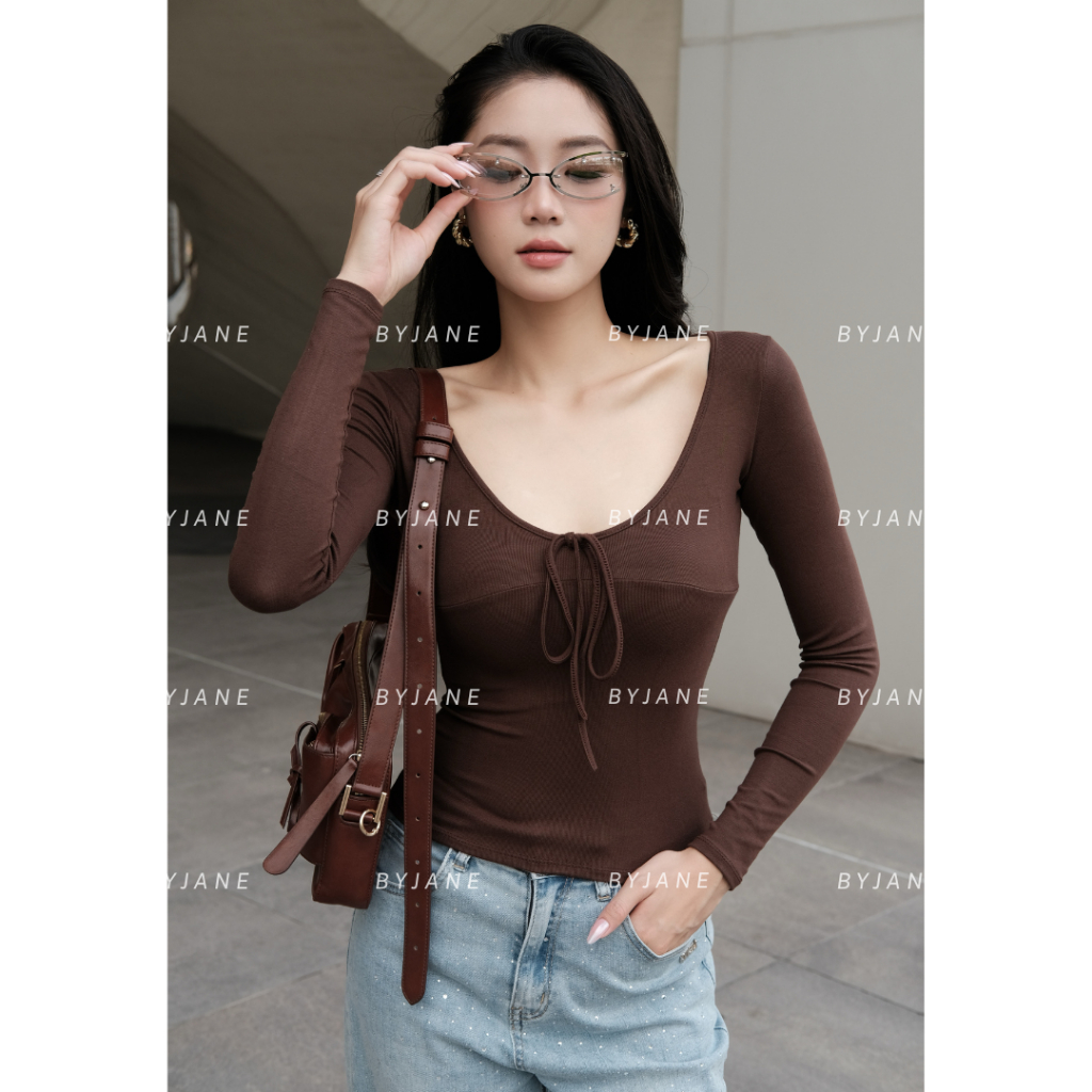 (XẢ KHO) Áo Thun Nữ Cổ V Thắt Nơ Dài Tay Ôm Body Chất Cotton Lông Mịn Co Dãn BYJANE-862 | BigBuy360 - bigbuy360.vn