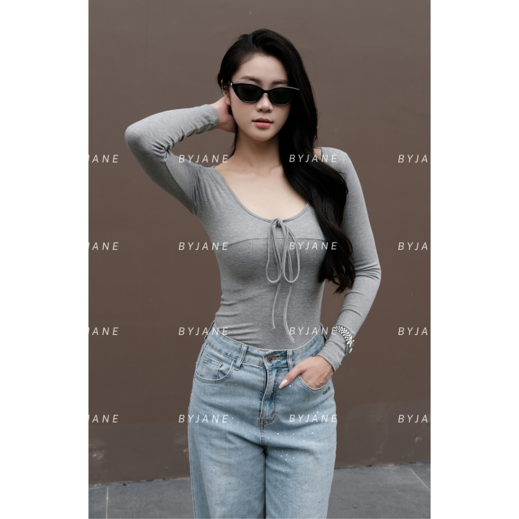 (XẢ KHO) Áo Thun Nữ Cổ V Thắt Nơ Dài Tay Ôm Body Chất Cotton Lông Mịn Co Dãn BYJANE-862 | BigBuy360 - bigbuy360.vn