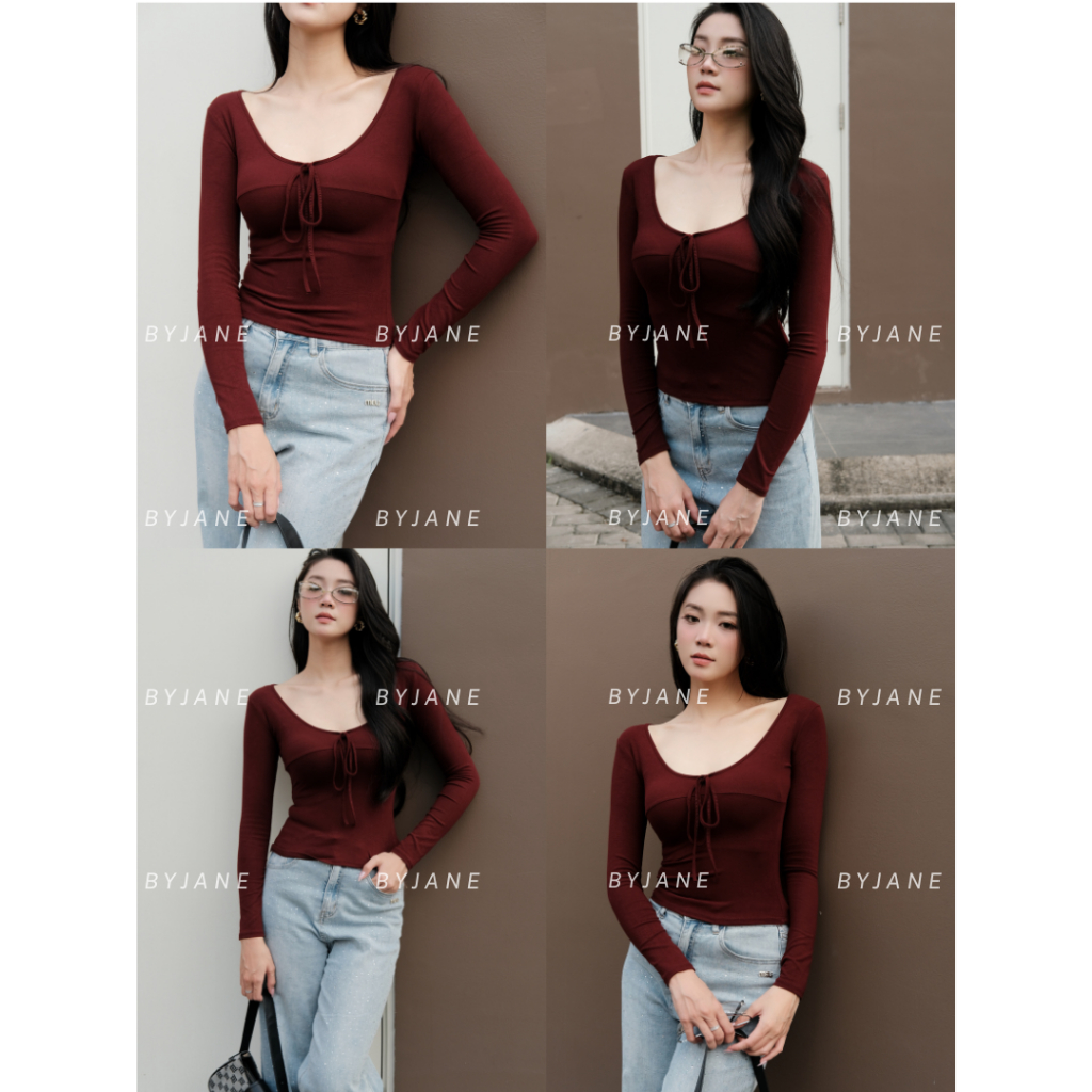 (XẢ KHO) Áo Thun Nữ Cổ V Thắt Nơ Dài Tay Ôm Body Chất Cotton Lông Mịn Co Dãn BYJANE-862 | BigBuy360 - bigbuy360.vn