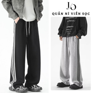 Quần Nỉ Đen Xám Viền SỌC Nam Nữ Cạp Chun DÂY RÚT Suông Ống Rộng Dáng Đứng Chất Nỉ 2 Da Unisex JEAN