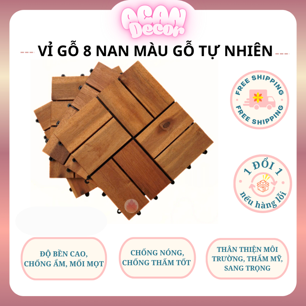 COMBO 10 TẤM- Sàn gỗ vỉ nhựa 8 nan tự nhiên dày 2cm ban công (30x30x2cm), decor nhà cửa, gỗ keo xuất