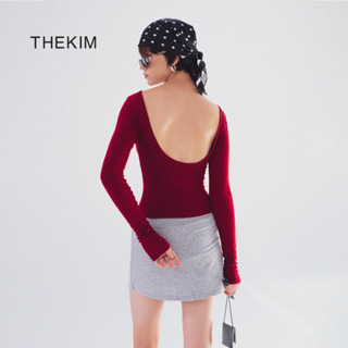  THEKIM Áo thun nữ dài tay cổ thuyền khoét lưng sâu  áo thun trơn Slim - Fit  chất liệu tăm mịn T358 