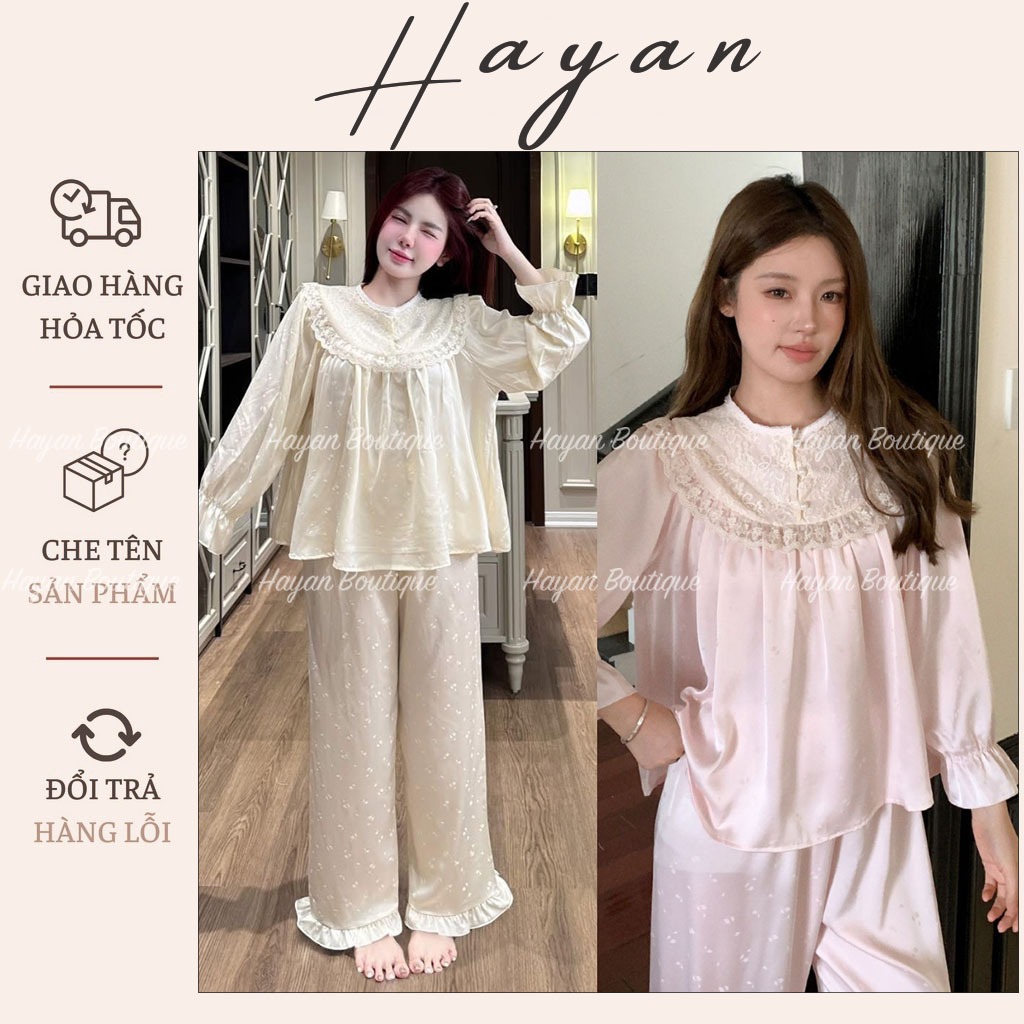 HT784 Bộ đồ ngủ lụa cổ tàu phối ren hithot sang chảnh,Pijama dài tay bo tiểu thư tôn dáng HT784