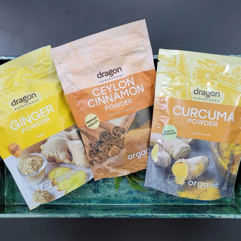 Bột gừng/ bột nghệ/ bột quế hữu cơ Dragon Superfoods. (CURCUMA/ GINGER/ CEYLON CINNAMON)