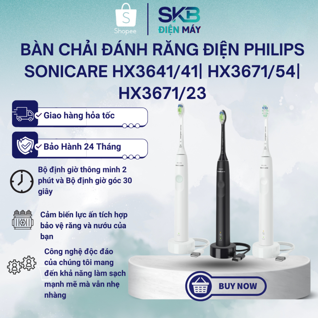 Bàn chải điện Philips Sonic HX3641/41 | HX3671/23 | HX3671/54 | Công nghệ sóng âm Sonic - Bảo Hành 2