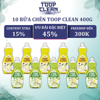 Combo 10 Chai Nước Rửa Chén Thảo Mộc TOOP CLEAN 400G - 2 Mùi Hương, Công Nghệ Safe Clean Power