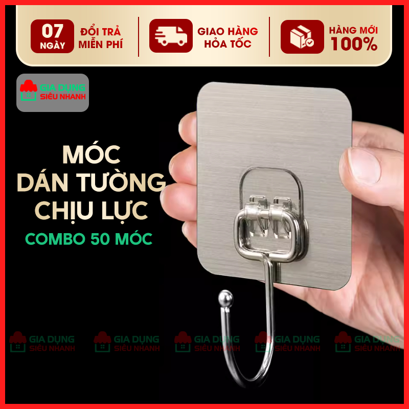 [Ship Hoả Tốc]  Combo 50 Móc Trong Suốt Chịu Lực 10kg - Móc Dán Tường inox 304.