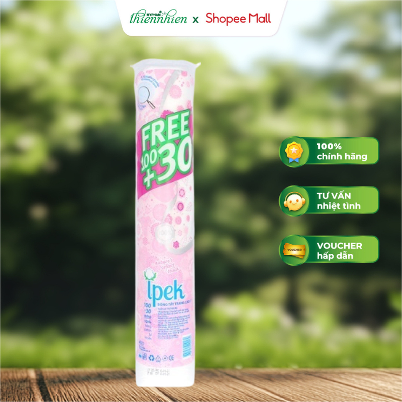 Bông tẩy trang IPEK 130 miếng 100% bông cotton mềm mịn, không xơ bông thấm hút tốt, siêu tiết kiệm