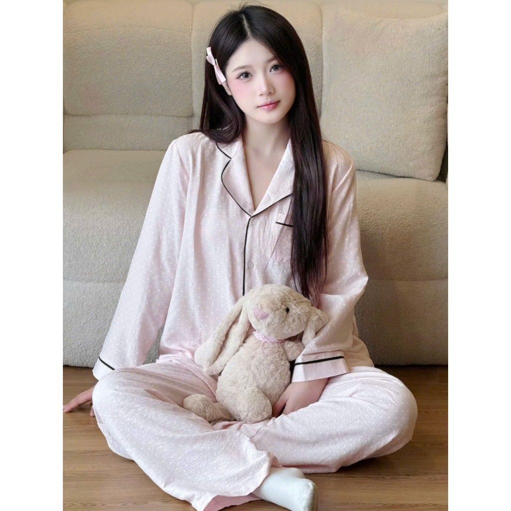 MB-SET-014 Maybee.Homedress Bộ Ngủ Dài Tay Chấm Bi Vuông Mờ Viền Đen Dáng Rộng – Mềm Mịn, Thoải Mái | BigBuy360 - bigbuy360.vn
