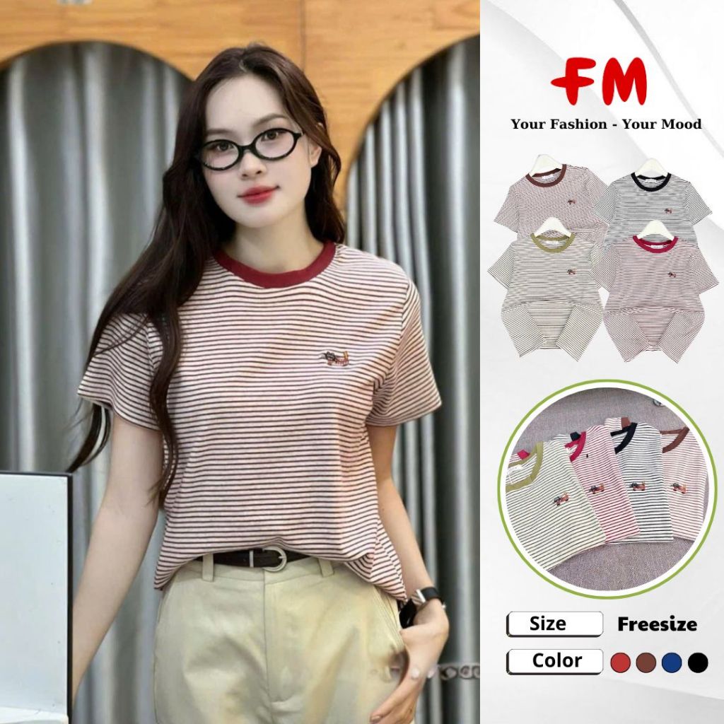 Áo Thun Nữ Kẻ Sọc Thêu Mèo Freesize FMSTYLE – Chất Cotton Mềm, Form Trẻ Trung Năng Động 25030365