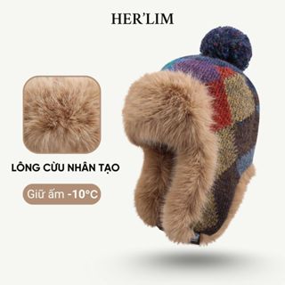  Mũ Len Lông Cừu HERLIM Dệt Kim Họa Tiết Kẻ Caro Giữ Ấm Bảo Vệ Tai Chống Lạnh Cho Mùa Đông 