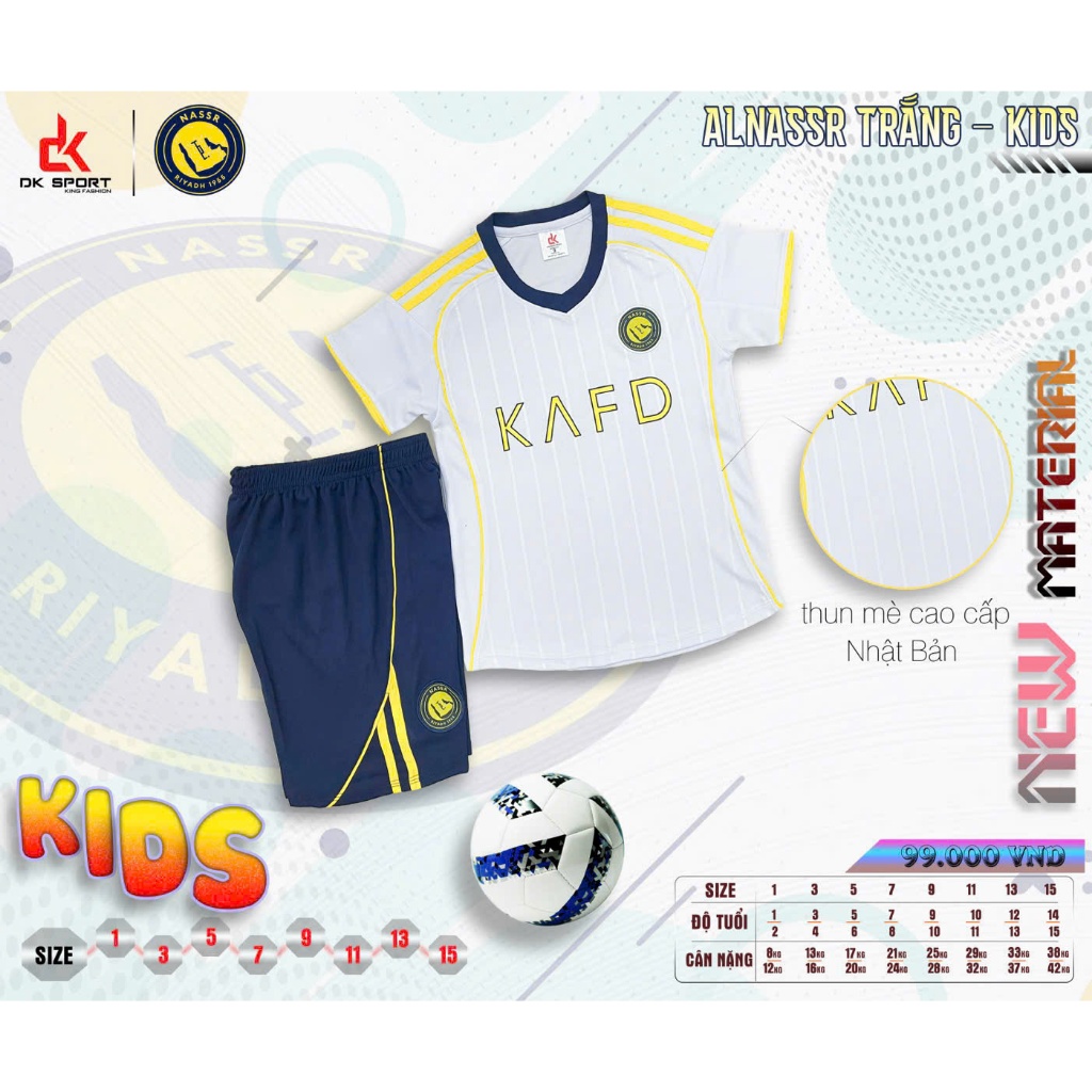 Bộ quần áo bóng đá Alnassr trắng 2025, Vải mè cao cấp, Logo thêu. in tên số theo yêu cầu