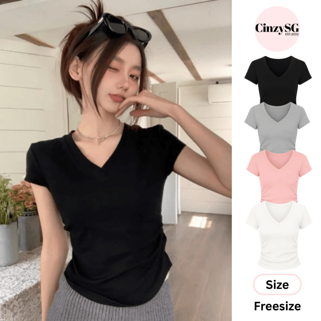 Áo Croptop Cổ Chữ V Nhún Eo Nữ Form Ôm Body Basic Thời Trang CR03 CinZy SG
