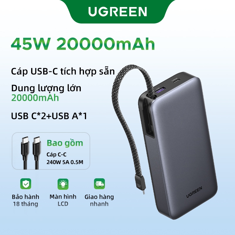 【Pin Sạc Dự Phòng Có Thể Đặt Hàng】【20000mAh 45W】Sạc dự phòng UGREEN  Bộ sạc di động 20.000mAh tích hợp cáp USB C,