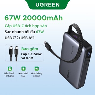 UGREEN 20000mAh 65W Tích hợp Cáp USB C 3 cổng Sạc nhanh Power Bank Powerbank cho iP16 Pro Max