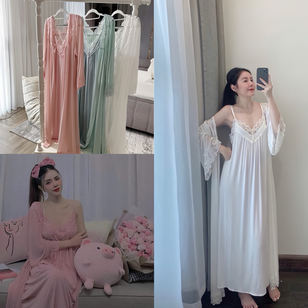  AMOUR _ Set váy ngủ 2 dây seẽy + áo choàng thun voan tiểu thư cao cấp  ảnh thật  SP029 