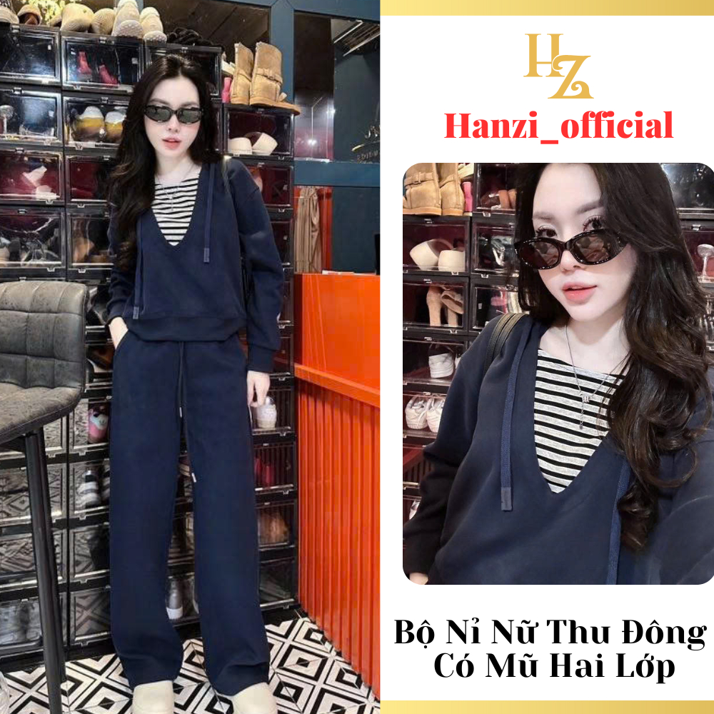 Bộ Quần Áo Nỉ Nữ Có Mũ Dây Rút Cao Cấp, Set Bộ Nỉ  Hai Da Chất Mịn Mềm Mại Thuê Viền Kẻ QQ98