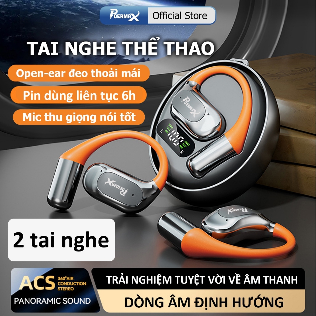 Tai nghe thể thao Bluetooth Poermax M113, Tai nghe Open-ear đeo thoải mái pin dùng lâu có micro