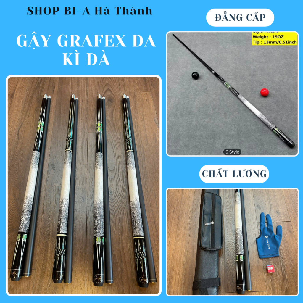 Gậy Bida Grafex Tay Da Kì Đà – Cơ Bida Carbon / Phủ Carbon, Tay Da Kỳ Đà Thật, Chính Hãng, Sang Trọn