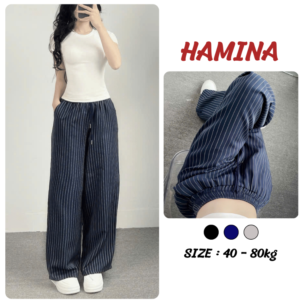Quần suông kẻ sọc Hamina , ống suông hack dáng, dây điều chỉnh thoải mái,phong cách năng động_Mặc là