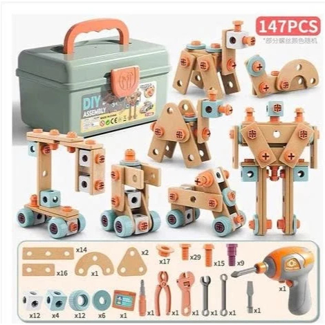 Đồ Chơi Lắp Ráp, Bộ Dụng Cụ Kỹ Thuật Kỹ Sư 147 Chi Tiết Cho Bé, Đồ Chơi Máy Khoan Điện Bằng Nhựa, Cờ Lê, Búa, Ốc Vít