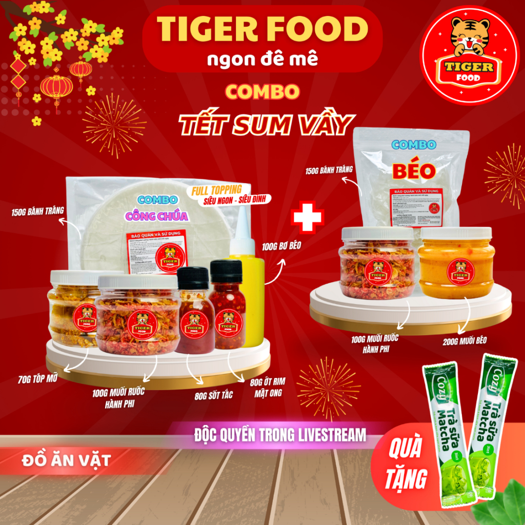 COMBO TẾT SUM VẦY - Bánh tráng phơi sương TIGER FOOD - Combo Công Chúa (06 món) + Combo Béo (03 món) Muối Ruốc Hành Phi