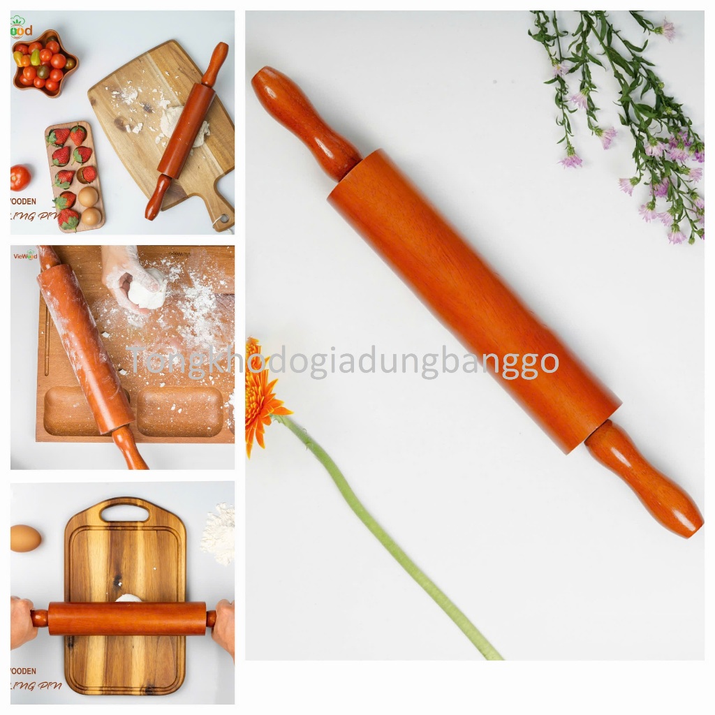 Combo Cây Lăn Bột 46cm & cây lăn bột 40cm - bằng Gỗ Tự Nhiên - có Trục Lăn xoay 360 độ - êm ái, chóng dính