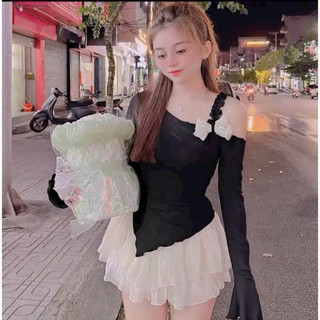 áo kiểu tay dài lệch vai phối nơ