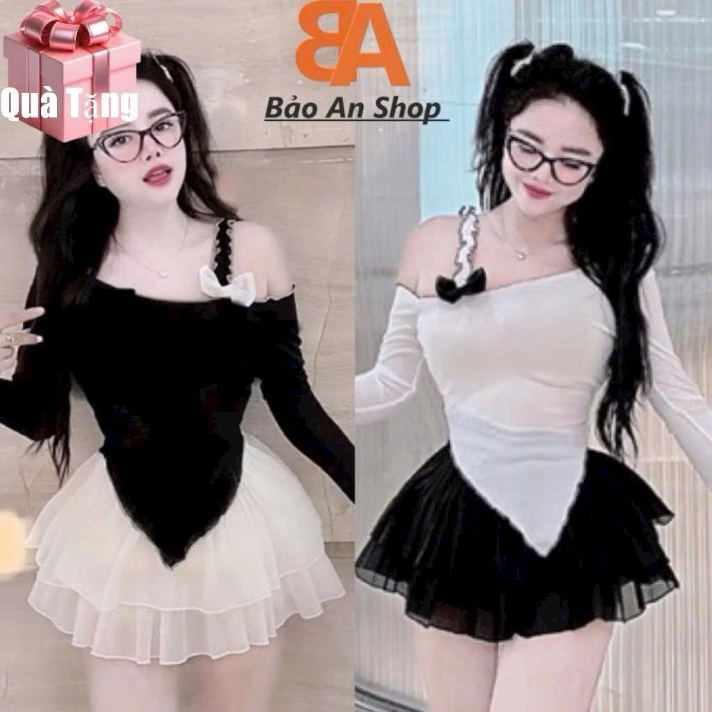 áo kiểu tay dài lệch vai phối nơ