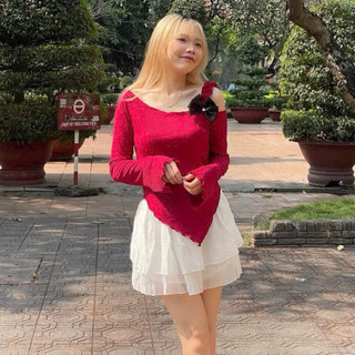 áo kiểu tay dài lệch vai phối nơ