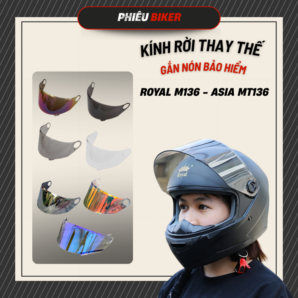 Kính thay thế cho nón bảo hiểm Royal M136, ASIA MT136, AGU