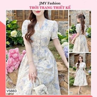  V5883 Váy xoè hoa xanh thêu cổ V công sở  Dolce Viva Colection  DVC ACC   