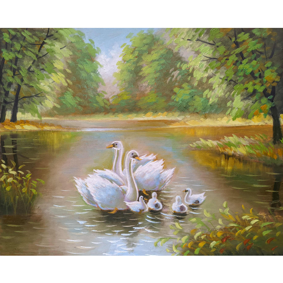 Gia Đình Thiên Nga 40x50cm -  Tranh Sơn Dầu Vẽ Tay 40x50cm