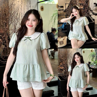  EVERMOM l Áo bầu Lumi cổ sen nơ nhung sọc kẻ tay bí dễ thương cho mẹ mang bầu và sau sinh. 