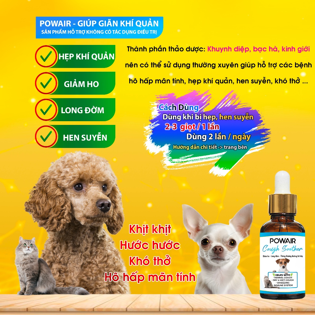 Thảo dược POWAIR h.ỗ trợ giả.m ho, thông khí quả.n, lon.g đờ.m, h,ô hấ,p mãn tính ở Chó Mèo